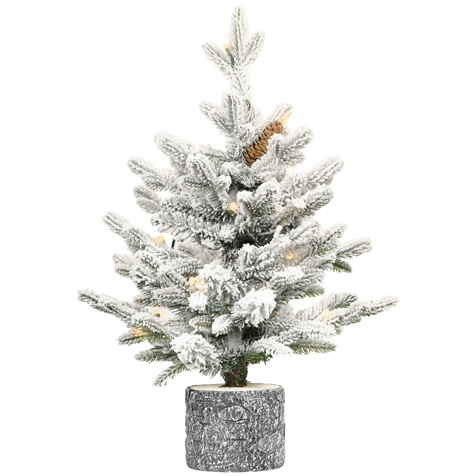 Pre lit flocked Christmas tree in a pot with warm white lights, view 3