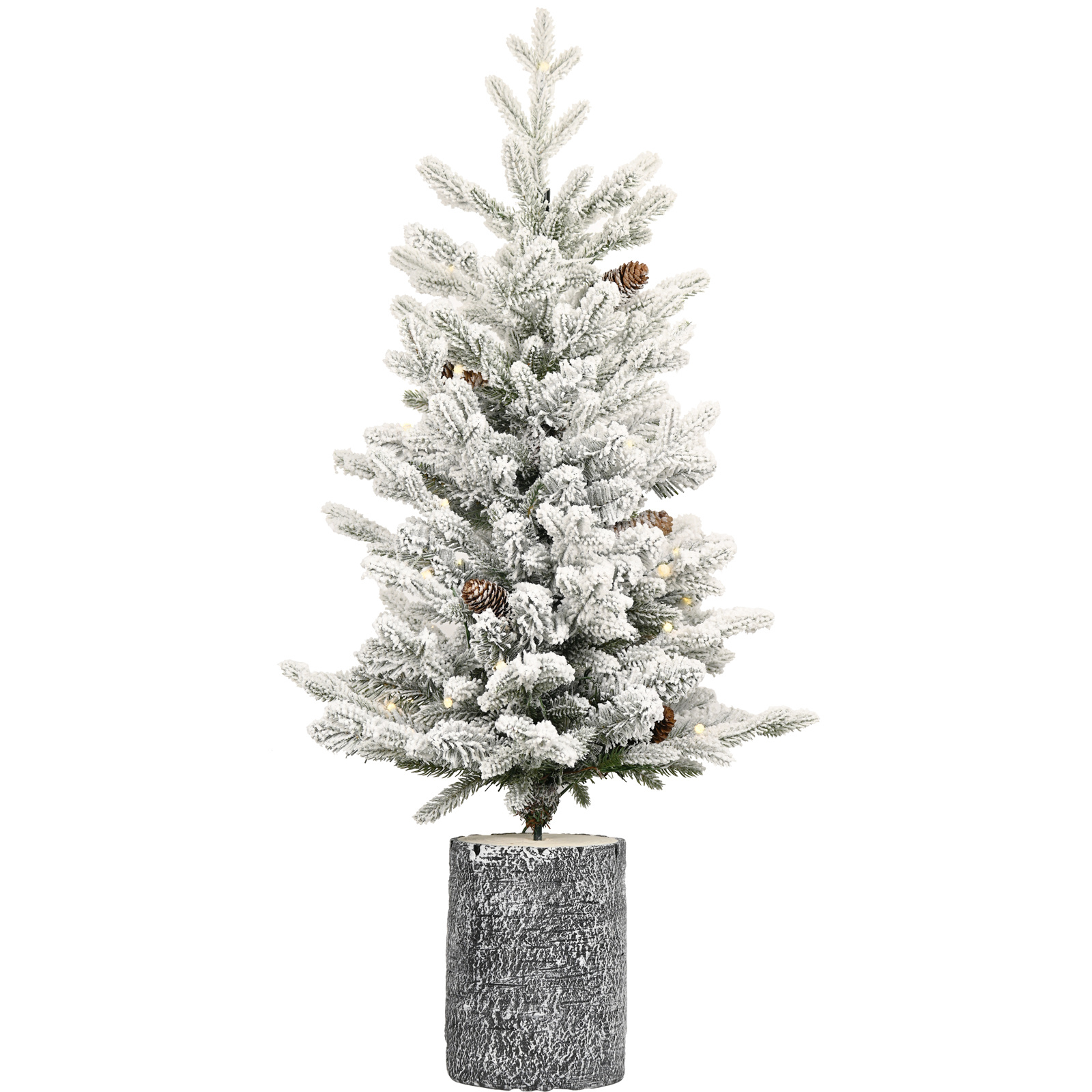 Pre lit flocked Christmas tree in a pot with warm white lights, view 4