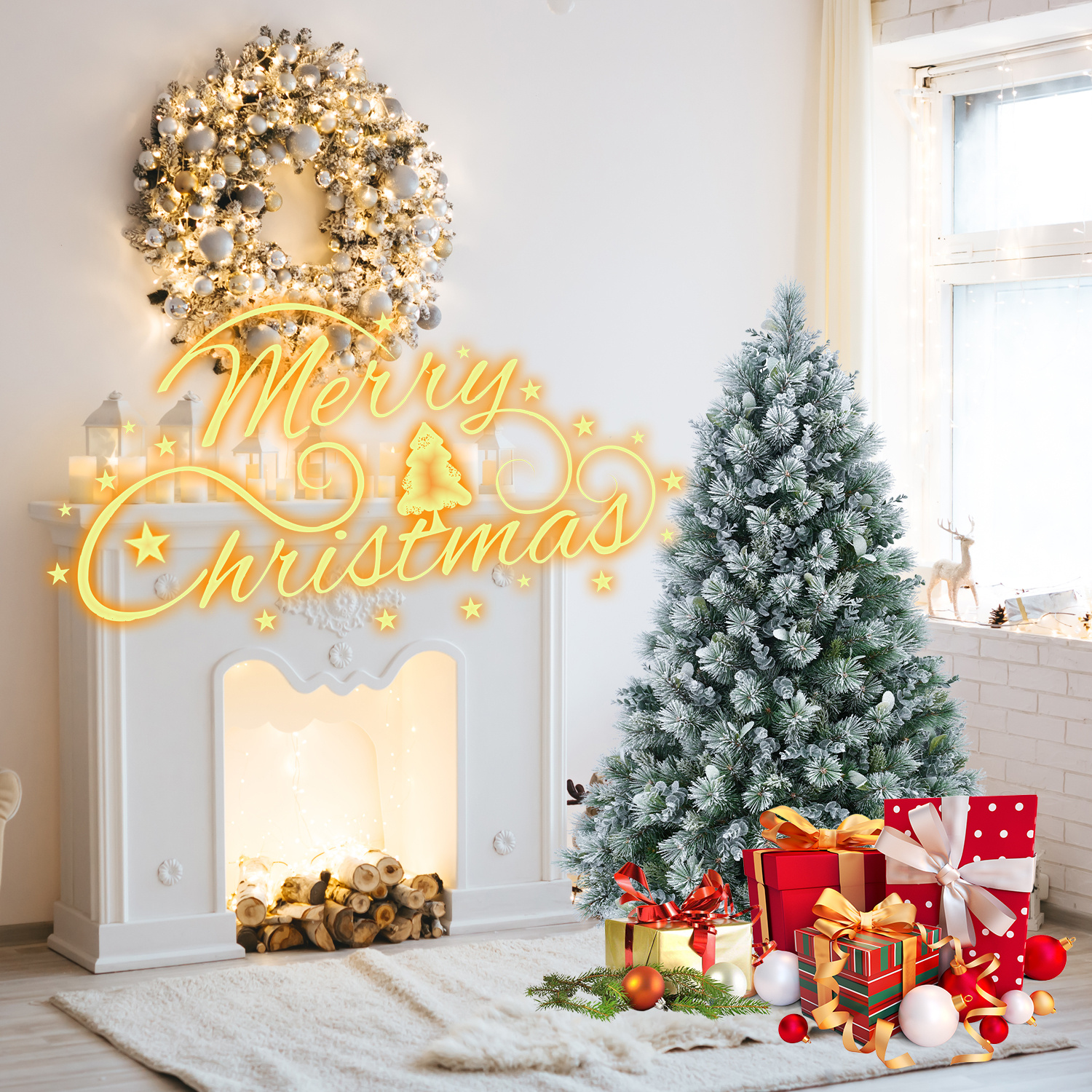 Snow flocked artificial Christmas tree with hard needle tips, view 6